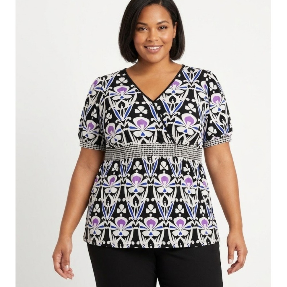Style & Co Top size 1X Floral Abstract Stretch Faux Wrap Baby-doll Blouse
